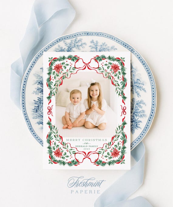 Classic Holiday Cards: Red and Green Garland, Watercolor Ribbons, Poinsettia, Christmas Photo Card