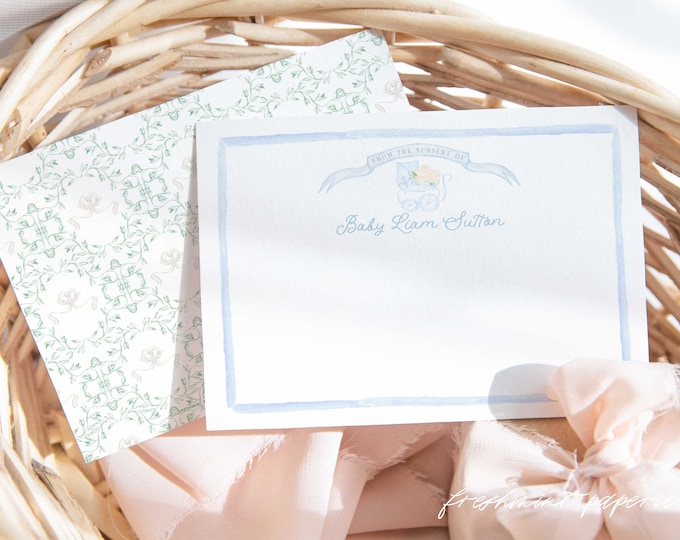 Personalized Stationery - Baby Note Cards - Newborn Note Cards - Baby Milestone note cards - Vintage Pram - set48