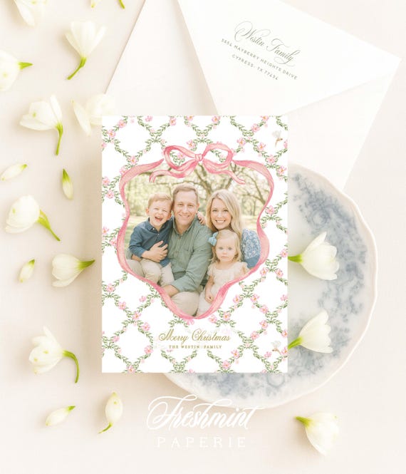 Watercolor Christmas Photo Cards: Floral Holiday Card, Grandmillennial, Pink Bow