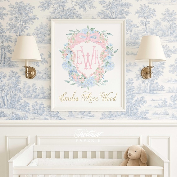 Watercolor monogram nursery Wall Art, Nursery name print, Monogram crest, Pink Monogram nursery wall art, Introducing Baby, welcome baby