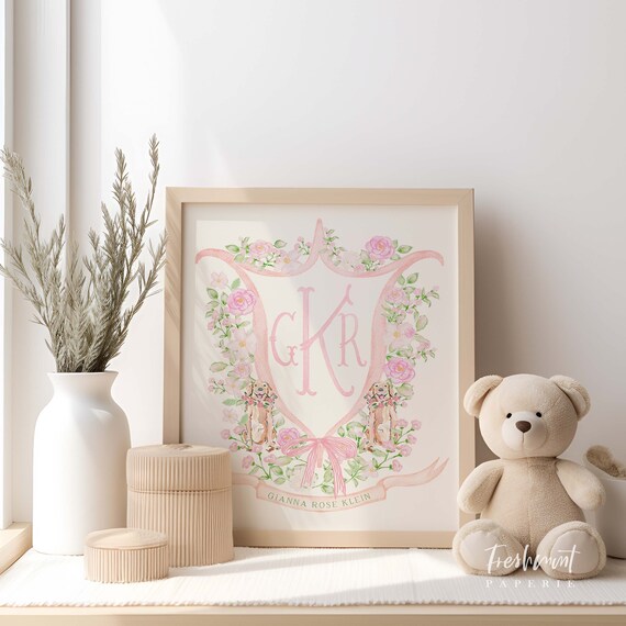 Puppy wall art, Labrador Wall Art, Nursery name print, Monogram Crest Floral, Custom nursery wall art, Dog nursery art