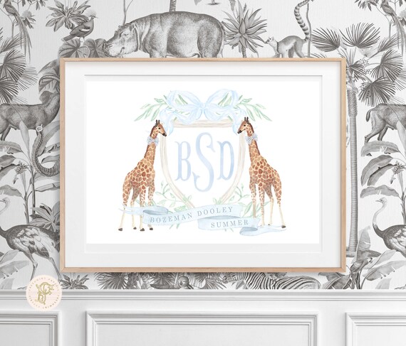 Giraffe wall art, Watercolor Giraffe Wall Art, Nursery name print, Giraffe with Bow, Custom nursery wall art, Newborn Gifts