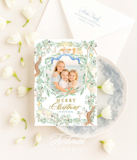 Nativity Photo Christmas Cards, Holiday Wreath, Baby Jesus, Lamb, Olive Tree