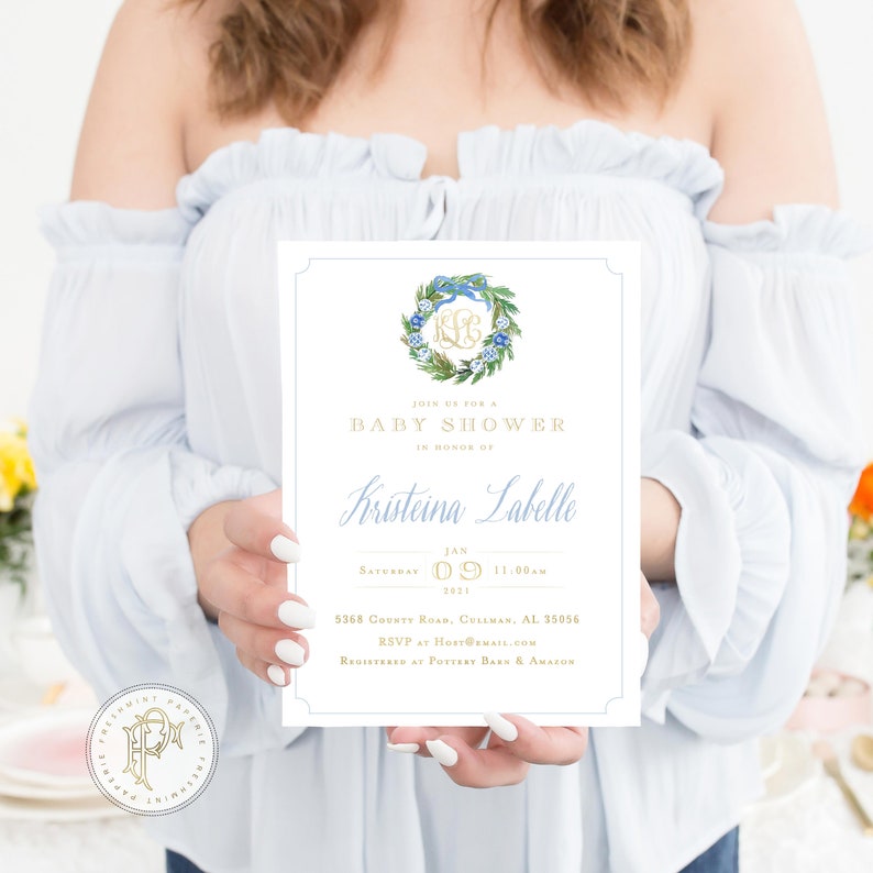 baby shower invitation Monogram Baby Shower Invitation Chinoiserie ornament invitation baby shower invitation