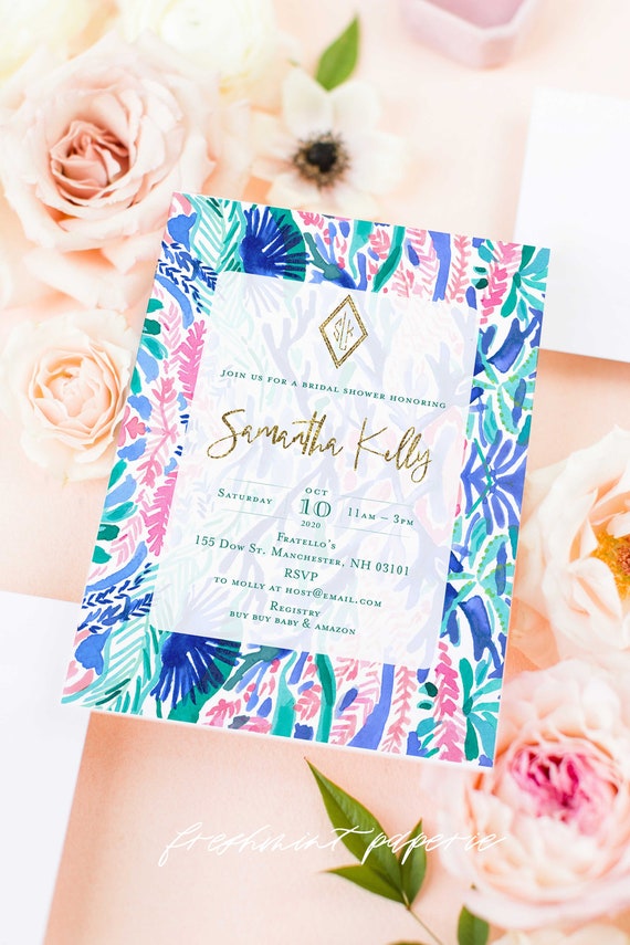 Tropical invitation | colorful bridal shower Invitation | Monogrammed |  Pink Baby Shower Invitation | Tropical | Watercolor