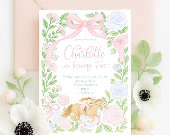 Watercolor Horse Racing Birthday Invitation: Equestrian Derby Party