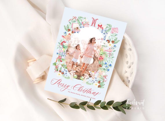 Floral Photo Christmas Cards, Whimsical Watercolor Holiday Cards