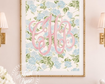 Watercolor Hydrangea Monogram Nursery Print, Wall Art