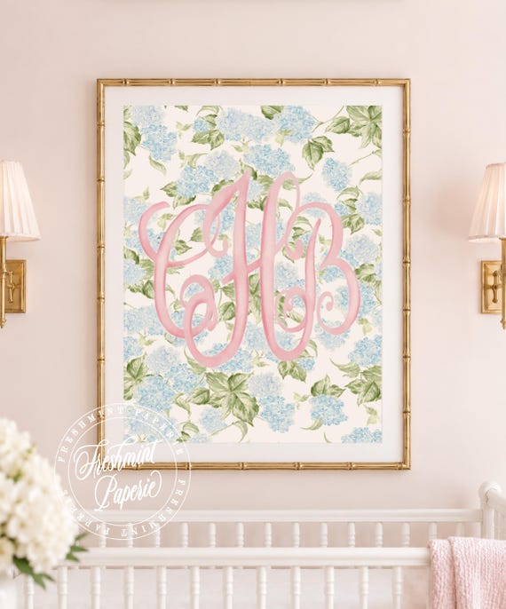 Watercolor Hydrangea Monogram Nursery Print, Wall Art