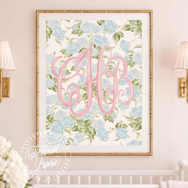 Watercolor Hydrangea Monogram Nursery Print, Wall Art