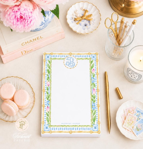 Bamboo Floral Watercolor Notepad: Custom Monogrammed Stationery - 5x7