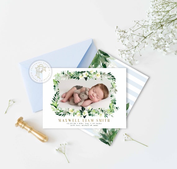 Watercolor Birth Announcement, Boy Birth Announcement, Birth Announcement, Monogram Birth Announcement, Monogram Announcement, Welcome Baby