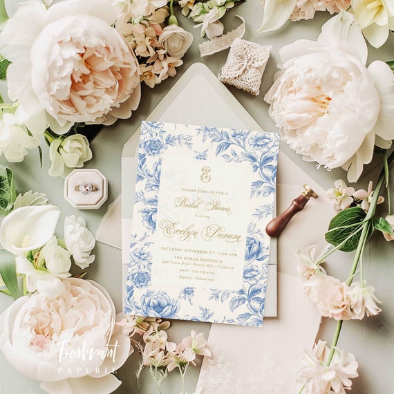Bridal Brunch invitation, Something Blue invitation, Bridal Shower Invitation, Toile invitation, Bridal Luncheon invitation, Blue Floral