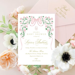 Monogram invitation, Baby Shower Invitation, Baby Girl Shower Invitations, Watercolor Pink Bow invitation, Pink Bow invitation