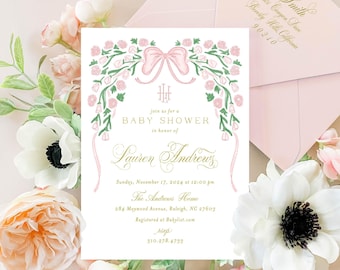 Invito per baby shower con fiocco rosa acquerello, monogramma