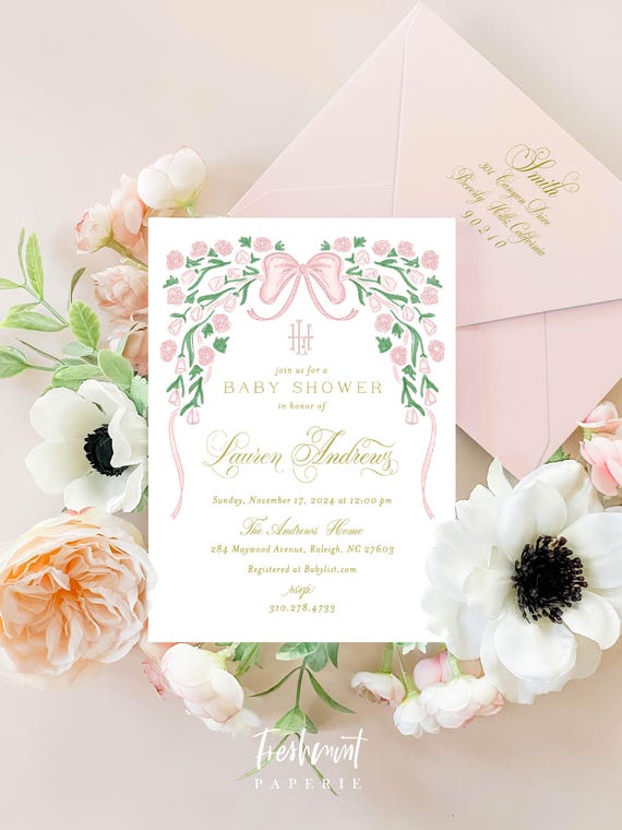 Monogram invitation, Baby Shower Invitation, Baby Girl Shower Invitations, Watercolor Pink Bow invitation, Pink Bow invitation