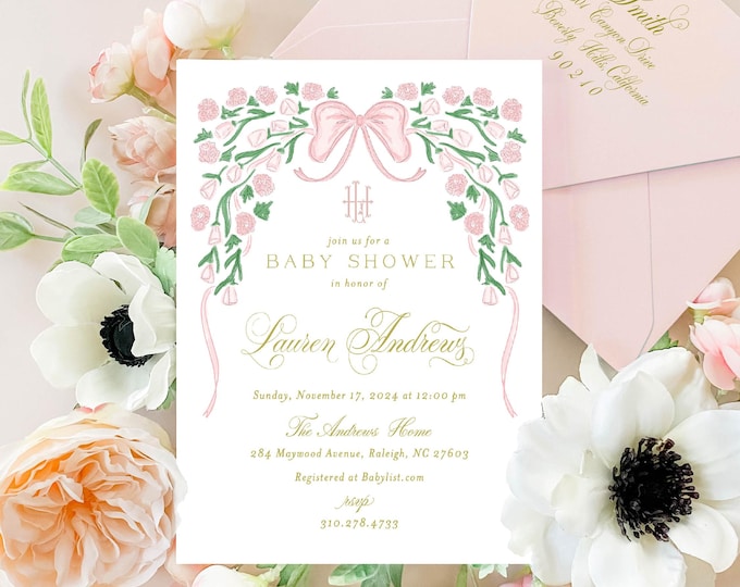 Watercolor Pink Bow Baby Shower Invitation, Monogram