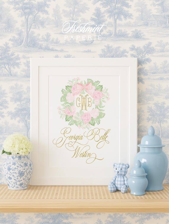 Nursery wall art, Newborn Baby name announcement, Monogram Nursery,  Newborn Sign, Announcement Crest, Welcome Baby, Childrens Wall art