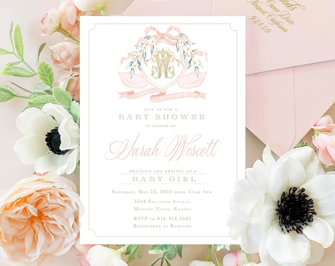 Swan baby shower Invitation, Swan Invitation, Baby Shower Invitation, Watercolor Swan, Monogram,  Monogram Swan Invitation