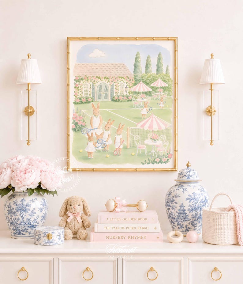 Puede incluir: Una l&aacute;mina de acuarela enmarcada que representa conejos jugando al tenis en una pista verde frente a una casa, expuesta sobre una superficie blanca con un jarr&oacute;n de porcelana azul y blanco, un conejo de peluche beige y tres libros apilados.