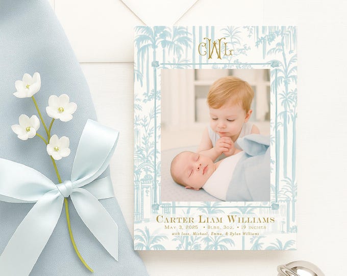 Watercolor Palm Tree Boy Birth Announcement, Monogram