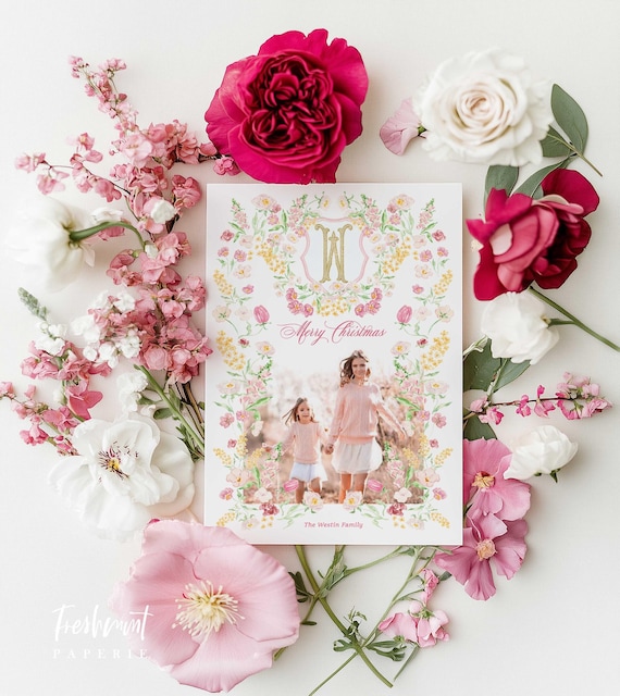 Pink Floral Photo Christmas Cards, Custom Monogram, Holiday Wreath