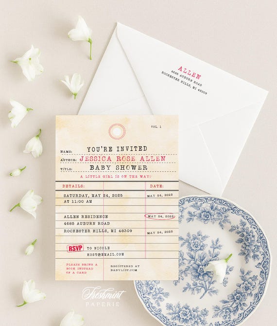 Library Card invitation - library invitation - baby shower invitation - vintage library card invitation - freshmint paperie