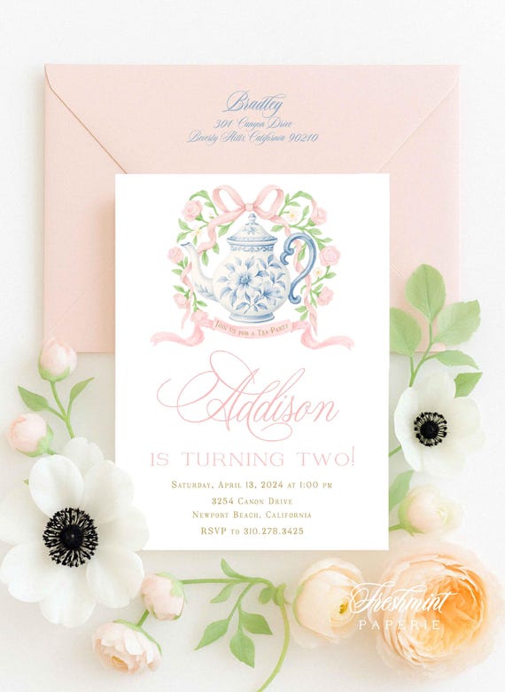 Tea Party invitation, Chinoiserie Tea Party,  Floral Tea Party invitation, Monogram Crest, Watercolor Monogram, Tea Party, Gingham, Toile
