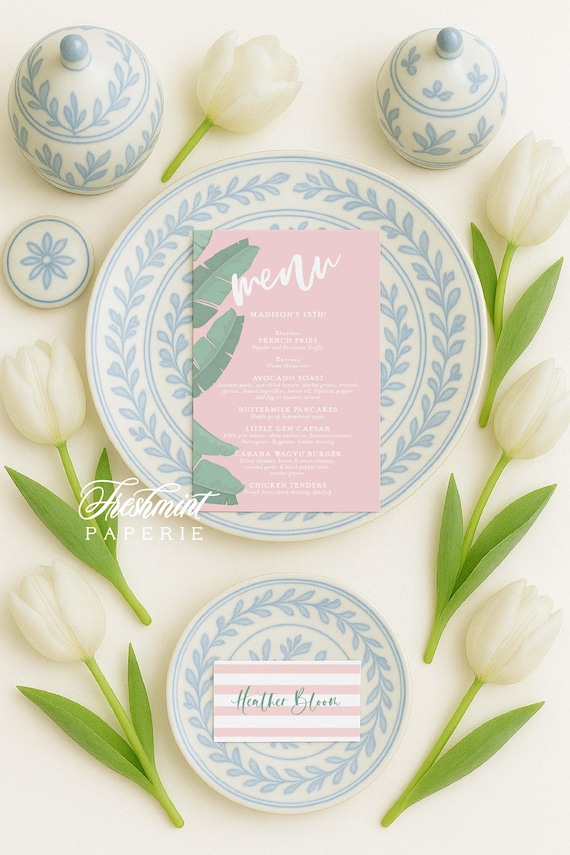 banana leaf menu cards - Custom menu cards - Palm leaf Menu  - Beverly hills hotel menu - Freshmint Paperie
