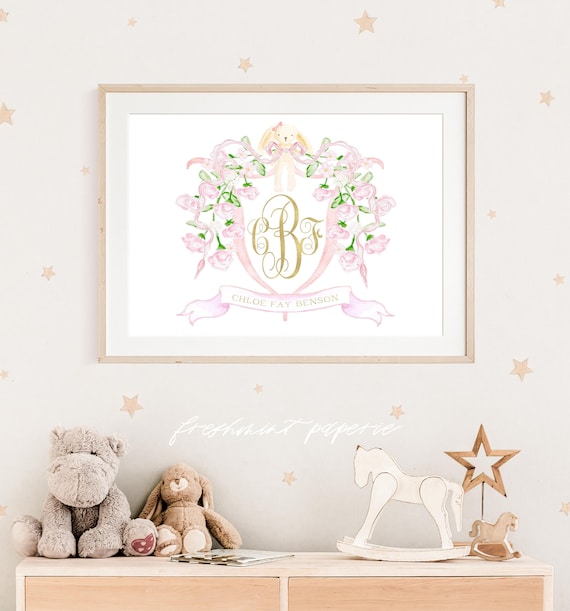 Watercolor monogram bunny nursery Wall Art, Nursery name print, Monogram Nursery, Custom nursery wall art, Whimsical floral nursery art