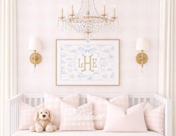 Blue Toile Monogram Nursery Print, Chinoiserie, Custom, Grandmillennial