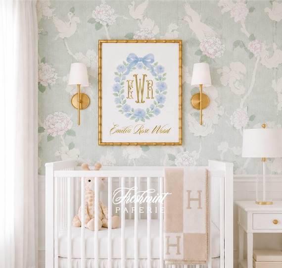 Watercolor Monogram Nursery Print: Blue Floral Crest