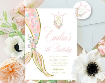Watercolor Mermaid Birthday Invitation, Monogram