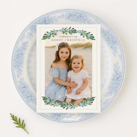 Blue floral Holiday Cards, Christmas card, Photo Christmas cards, Photo holiday cards, Pretty Holiday Cards, Chinoiserie, Wreath