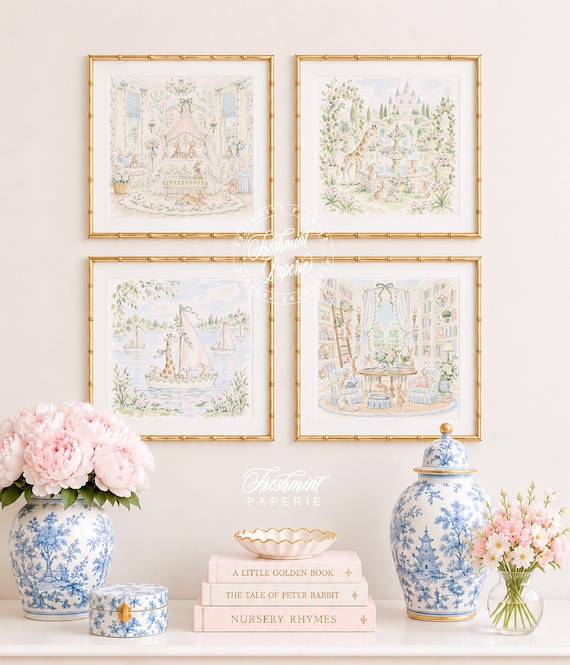 Nursery Wall Art, Bunny & Giraffe Prints, Grandmillennial, Chinoiserie,  Set of 4