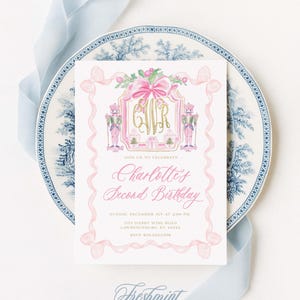 Rosa Nussknacker-Geburtstags-Einladung, Monogramm, rosa Schleife Bild 1