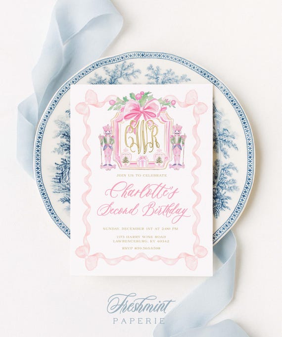 Pink Nutcracker Birthday Invitation, Monogram, Pink Bow