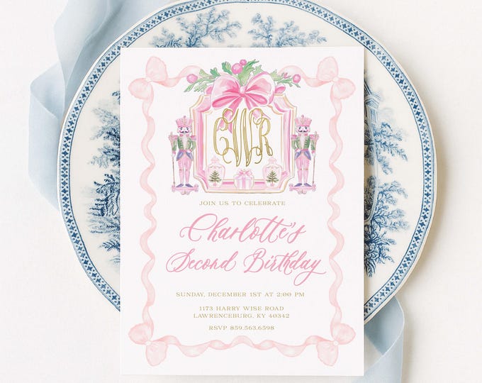 Pink Nutcracker Birthday Invitation, Monogram, Pink Bow