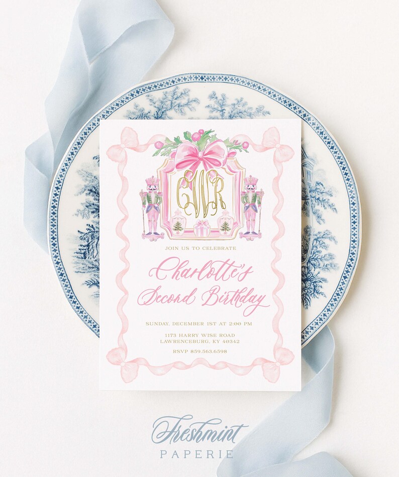 Rosa Nussknacker-Geburtstags-Einladung, Monogramm, rosa Schleife Bild 1