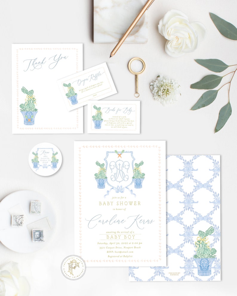 May include: A baby shower invitation with a blue and white floral design. The invitation features a monogram with the initials "CK" and the text "Join us for a Baby Shower in honor of Caroline Kerrs, celebrating the arrival of a Baby Boy. Saturday, April 30, 2022 at 2:00 pm, 3511 Canyon Drive, Newport Beach. RSVP: host@email.com. Registered at Babylist."