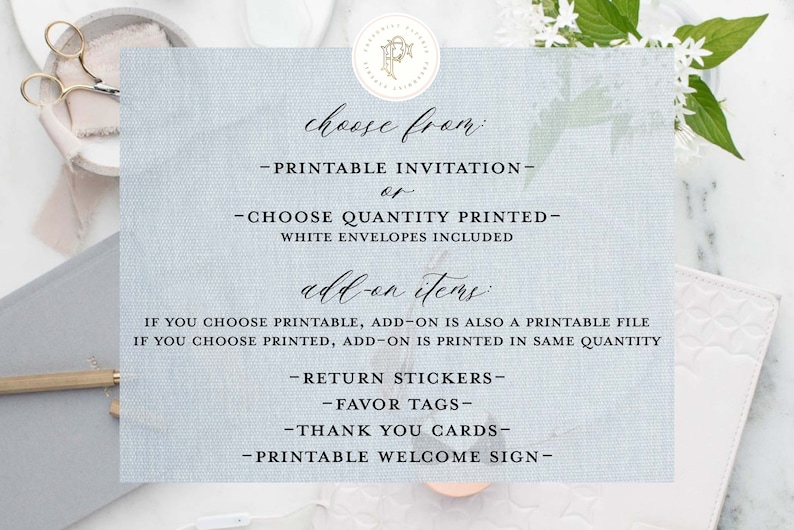 May include: A blue and white textured card with the text "choose from: -PRINTABLE INVITATION- or -CHOOSE QUANTITY PRINTED- WHITE ENVELOPES INCLUDED add-on items IF YOU CHOOSE PRINTABLE, ADD-ON IS ALSO A PRINTABLE FILE IF YOU CHOOSE PRINTED, ADD-ON IS PRINTED IN SAME QUANTITY -RETURN STICKERS- -FAVOR TAGS- -THANK YOU CARDS- -PRINTABLE WELCOME SIGN-"