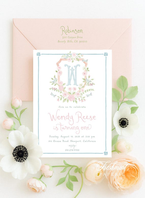 Butterfly invitation, Butterfly Birthday, Chinoiserie invitation, Monogram Invitation, Watercolor Butterfly invitation, Girls invitations
