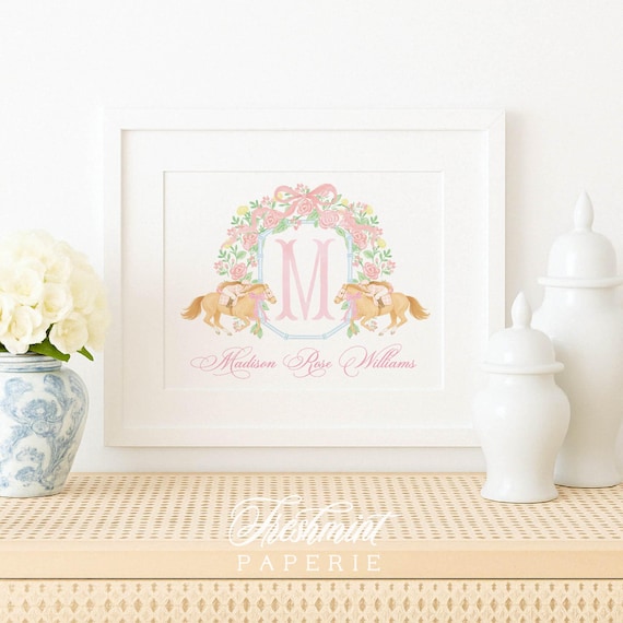 Horse Derby wall art, Pink Derby Wall Art, Nursery name print, Monogram nursery , Custom nursery wall art, Horse print, Watercolor Florals