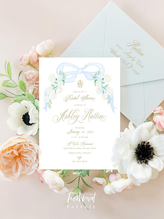 Bridal Shower Invitation, Something Blue invitation, Brunch Invitation, Watercolor Monogram invitation, Bridal Luncheon, Blue Bow, Hydrangea