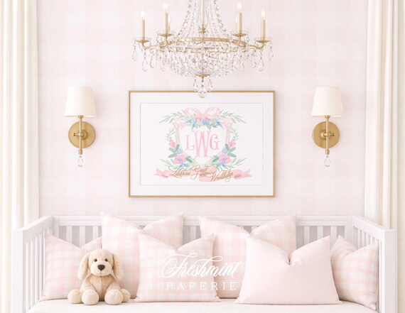 Watercolor Floral Monogram Nursery Print, Custom Name Wall Art