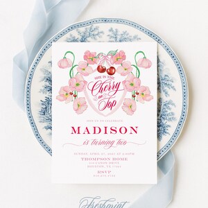 Cherry On Top Birthday Invitation: Pink Bow, Baby Girl Party