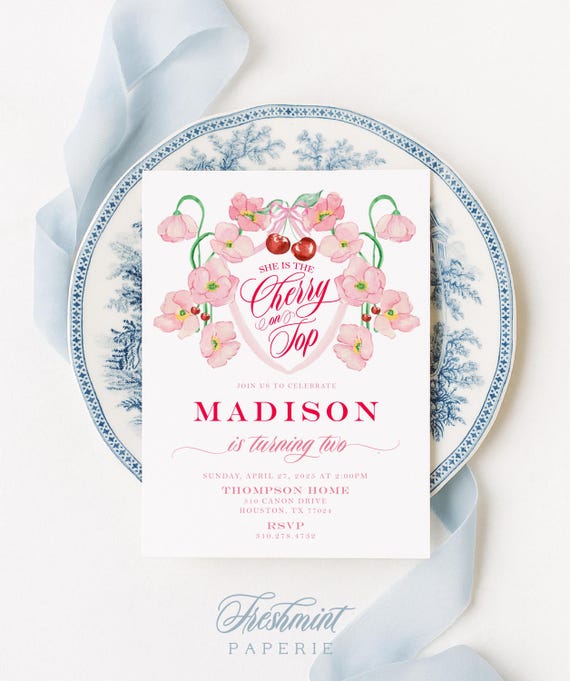 Cherry On Top Birthday Invitation: Pink Bow, Baby Girl Party