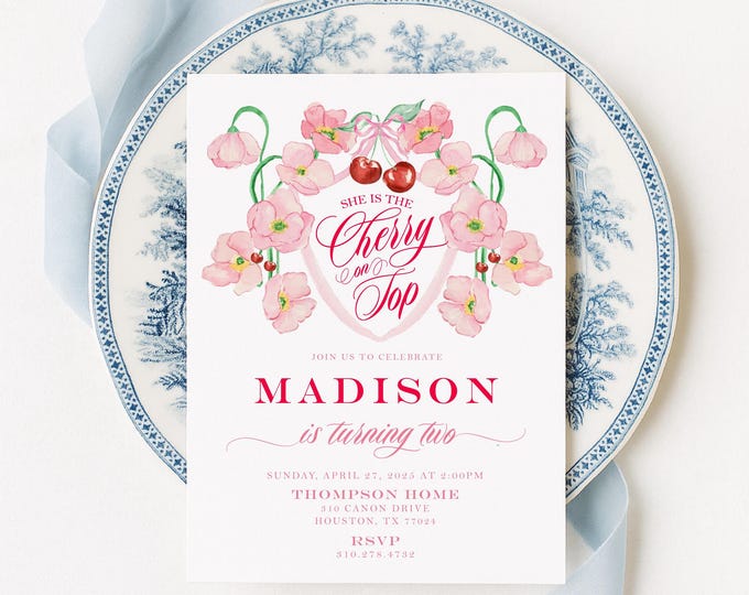 Cherry On Top Birthday Invitation: Pink Bow, Baby Girl Party