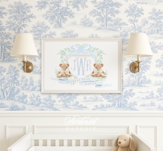 Teddy Bear wall Art, Brown Teddy Wall Art, Nursery Monogram Crest, Teddy Bear Art, Custom nursery wall art, Monogram crest, Boys Nursery