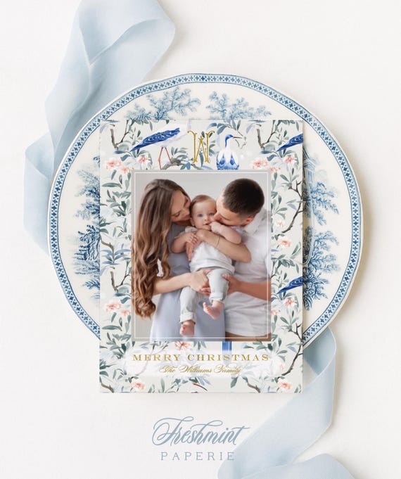 Blue Chinoiserie Photo Holiday Cards: Crane & Sakura Design
